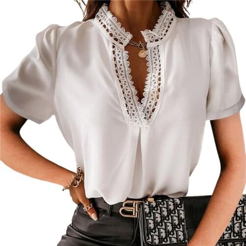 New 2021 Fashion Shirt Summer Short Sleeve Solid Casual Blouse Office Lady Blusas Woman Tops Sexy Deep V-neck Pullover Blouse