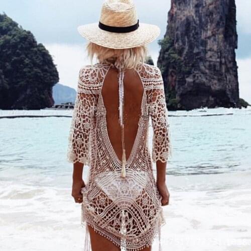 Swimwear Cover Up Women White Lace Tunic Beach Dress Clothing Backless Bathing Suit Crochet Bikini Swimming Beach Wear hollow