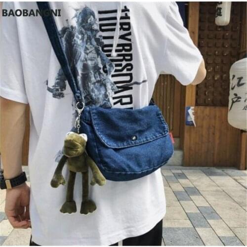 Women jeans shoulder bags with lovely bear Pendant vintage Washed cross body bags for girls