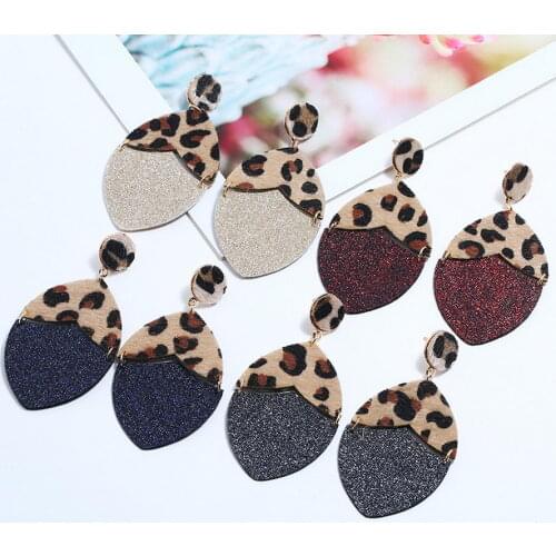 ZWPON 2019 Joint Glitter Leather Leopard Earrings for Women Fashion ZA Designer Oval Earrings Contrast Colors Jewelry Wholesale