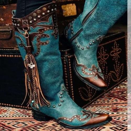 Women Knee High Boots Ladies Rivet Mid Heels Woman Casual Footwear Female Shoes Big Size Womens Retro PU Leather Pumps