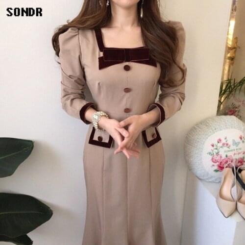 Elegant Square Neck Office Ladies Dress 2021 Winter Clothing Korean Chic One-Piece Contrasting Color Slim Waisted Fishtail Dress
