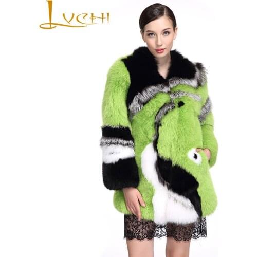 LVCHI Winter 2019 Imports of Finland Contrast Color Real Fox Fur Coats Natural Fox Fur Coat Womens Patchwork Medium Fox Coats