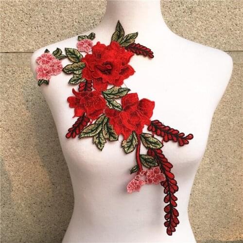 1pc Red 3D Embroidery Colorful Flower Collar Lace Polyester Fabric,DIY Handmade Collar Lace Fabrics For Sewing Collar Crafts