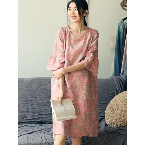 2019 Literature Pure Ramie Printing Horn Sleeve Directly Tongxianshou Dress 190728