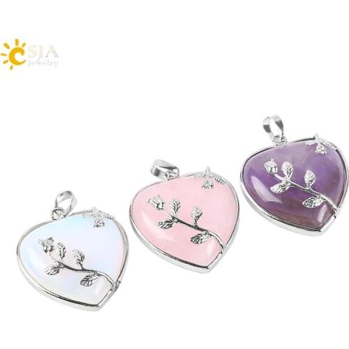 CSJA Natural Stone Jewelry New Arrival Rose Flower Pendant Leaf Long Necklace Copper Real Love Heart Gem Jewellery for Girl E073