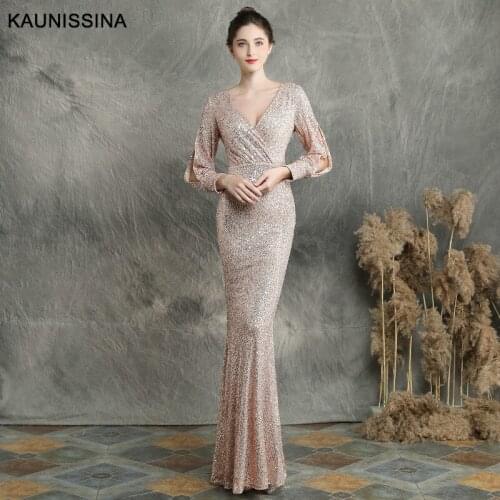 KAUNISSINA Elegant Long Sequin Evening Dress Vestido Mermaid Prom Dresses Long Sleeve V-Neck Formal Party Gowns Evening Robe