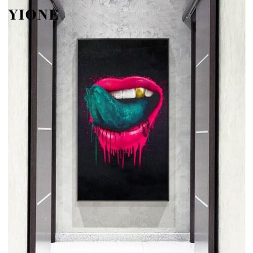 Graffiti Red Lips with Green Tongue Canvas Art Oil Painting Abstract Mouth Picture Print Wall Poster for Living Room Home Decor