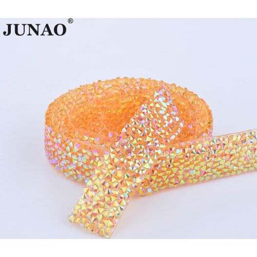 JUNAO 5 Yard *15mm Yellow AB Hotfix Glass Rhinestone Chain Trim Crystal Ribbon Diamond Applique Strass Banding For Clothes