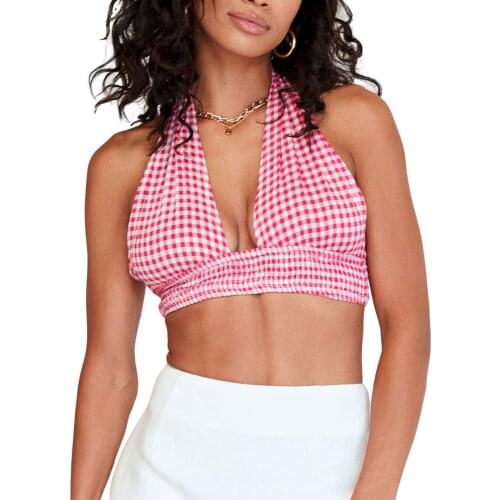 Sexy Summer Women Halter Crop Tank Tops Casual V-neck Sleeveless Backless Plaid Print Knot Tie Camisole