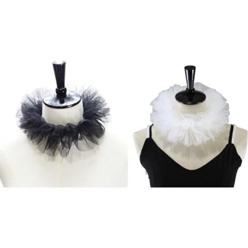 Fashion Women Renaissance Tulle Fluffy Ruffled Fake Collar Vintage Layered Mesh Small Neck Ruff Lace-Up Decorative Clown Choker