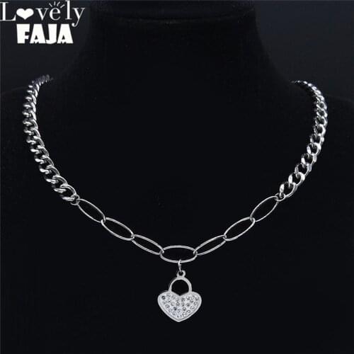 Stainless Steel Crystal Lock Heart Choker Necklaces for Women Silver Color Necklace Jewelry collier acier inoxydable NXHYB200S03