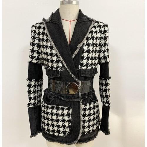 2021 Spring / Autumn / Winter New Jacket Fashion Trend Tweed Houndstooth Denim Stitch Western Assembly Belt O185