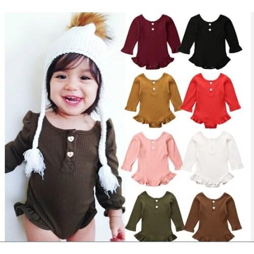 Solid Baby Bodysuit New Newborn Baby Girl Clothes Knitted Ruffle Long Sleeve Bodysuit Overall Outfit Set Size 0-24 Months