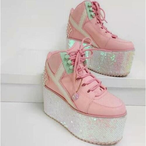 Retro Pink Color 9 cm Height Increasing Thick Sole Platform Wedge Shoes Woman Retro Pearls Sequins Patchwork Lace Up Sneakers