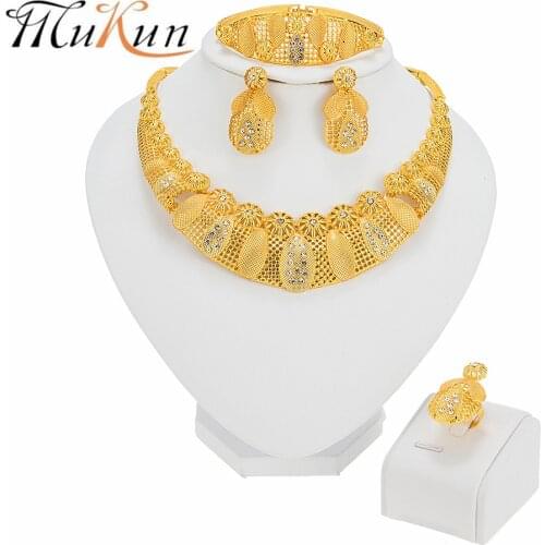 MUKUN Luxury Dubai Fashion Nigerian Wedding Bridal African Gold Color Jewelry Set Dubai Necklace Bracelet Earrings Ring Set