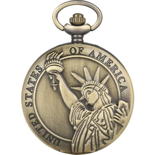 United States of America Statue of Liberty Retro Bronze Quartz Pocket Watch Pendant Clock Gifts Necklace Men Women Collectibles