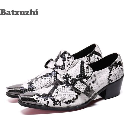 Batzuzhi Italian Type Fashion Mens Shoes Metal Tip Toe Leather Dress Shoes Men Snake Pattern 6.5cm High Heels Party Shoes Men