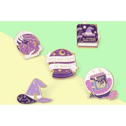 Witch Purple Enamel Pins Crystal Ball Magic Hat Book Brooches Badge Decoration on Backpack Caps Punk Gift for Women Men Jewelry