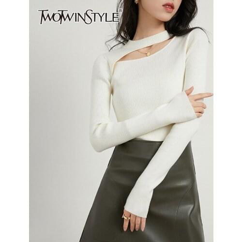 TWOTWINSTYLE White Skinny T Shirt For Women Round Collar Long Sleeve Solid Minimalist Cut Out T Shirts Female Clothing Fashion