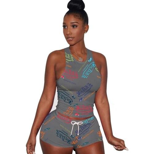 Letter Print Women Sets Clothes 2021 Black Girl 2 Pc Set Sleeveless Tank Crop Top And Biker Shorts Gym Clothing Jogging Suit