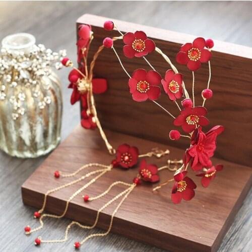 Girls Many Styles Fashion Red Flower Pearl Bridal Crown Tiaras for Women Bride Wedding Hair Earrings Jewelry Accessories Gift