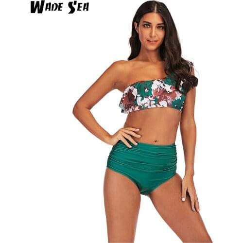 WADE SEA One Shoulder Ruffle Top 2019 Bikini Women Floral Print High Waist Swimwear Beachwear Maillot de bain femme Bathing Suit