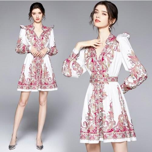 New Summer Vintage Floral Print Collar V Neck Button Long Sleeve Empire Waist Women Ladies Party Casual A-Line Short Shirt Dress