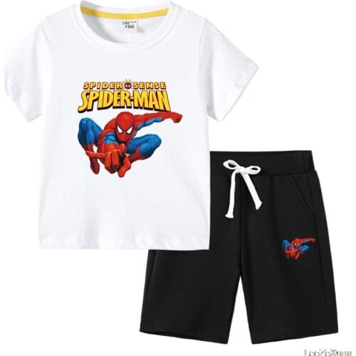 Disney Spiderman Fashion Casual Summer Hot Sale Boys and Girls Childrens Short Sleeve Cartoon T-shirt Top + Shorts 2pcs Set