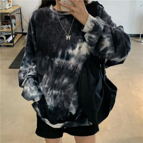 2021 Spring Autumn Gradual Tie Dye Long Sleeve Round Neck T-shirt Loose Girls Womens Hip Hop Streetwear Oversized Top
