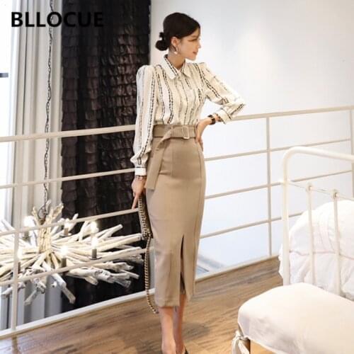 BLLOCUE New 2020 Spring Fashion Suits Womens Elegant Stripe Shirt Blouse and Sashes Split Pencil Skirt 2 Pieces Set
