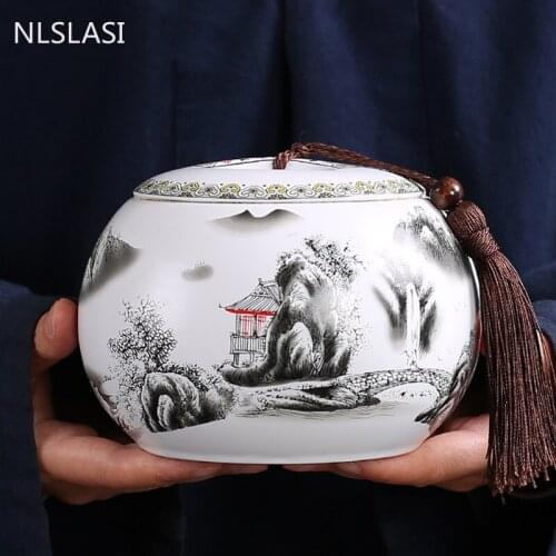 Large Capacity Ceramics Tea Caddy Landscape Pattern Storage Tank Travel Tea Bag Sealed Jar Coffee Canister Spices Organizer
