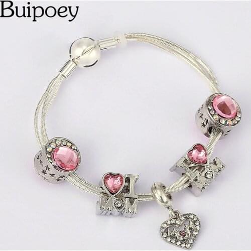 Buipoey Fashion Multi Snake Chain Bracelets For Women Girl Original I Love Mom Charm Heart Beads Bracelet & Bangle Jewelry Gift