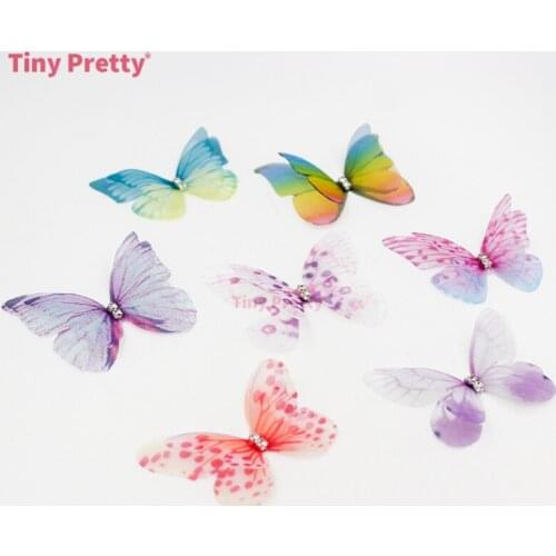20PCS Double-layer Organza Butterflies w/ Rhinestone 3D Silk Butterflies for Handmade Hair Clips, Bridal Butterflies