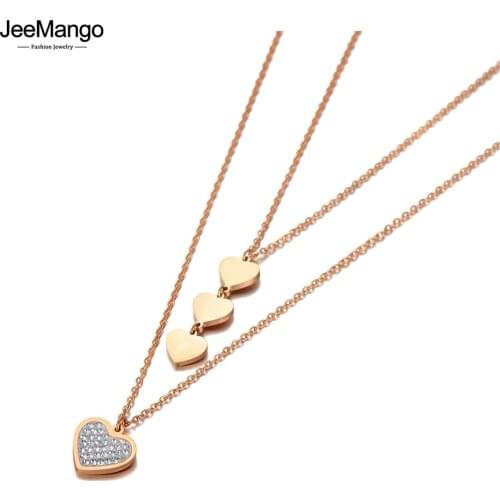 JeeMango Original Design Double Layer Heart Charm Pendant Necklaces For Women Stainless Steel CZ Crystal Choker Necklace JN20153