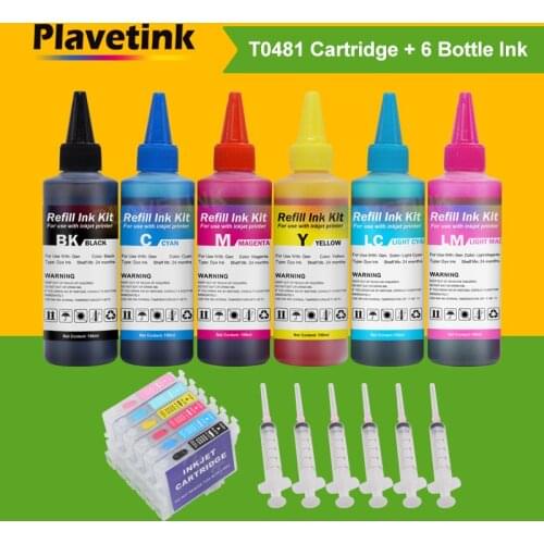 Plavetink T0481 - T0486 Ink Refill Cartridge For Epson Stylus Photo R200 R220 R300 R300M R320 R340 + 6×100ml Bottle Printer Ink