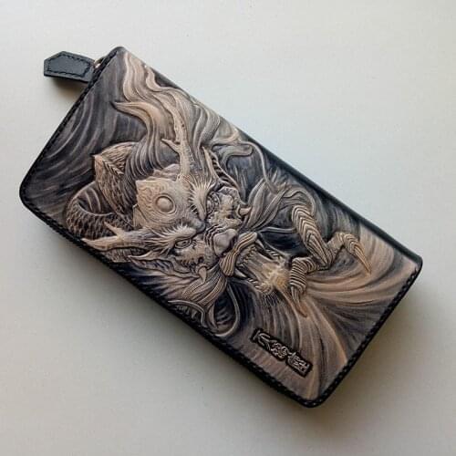 Genuine Leather Wallets Carving Domineering Dragon Purses Men Long Clutch Vegetable Tanned Leather Wallet Card Holder