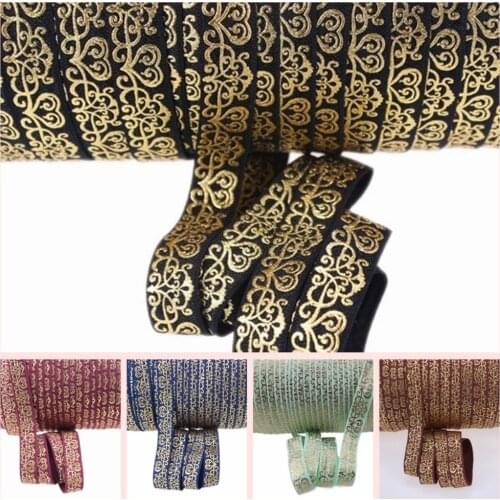 7 Colors Wholesale 5/8" foe ribbon for childrens accessories, gold foil heart damask fold over elastic