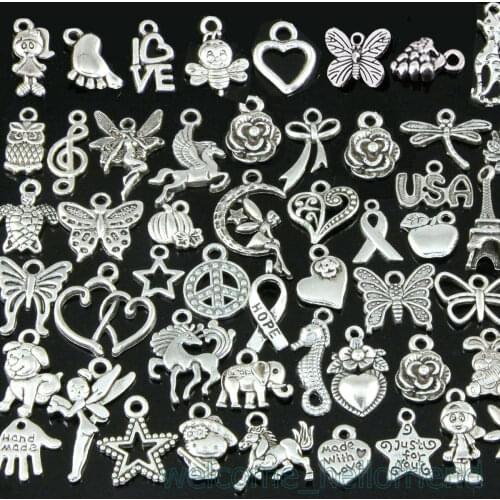 50/100pcs Mixed Tibetan Silver Charms Diy Silver Beads Accessories Heart Shape Cross Pendant Starfish Elephant Metal Charm Etc