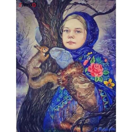 Full Square Diamond mosaic girl Squirrel 5D DIY Diamond painting Cross stitch Full Round Diamond embroidery girl Squirrel tree