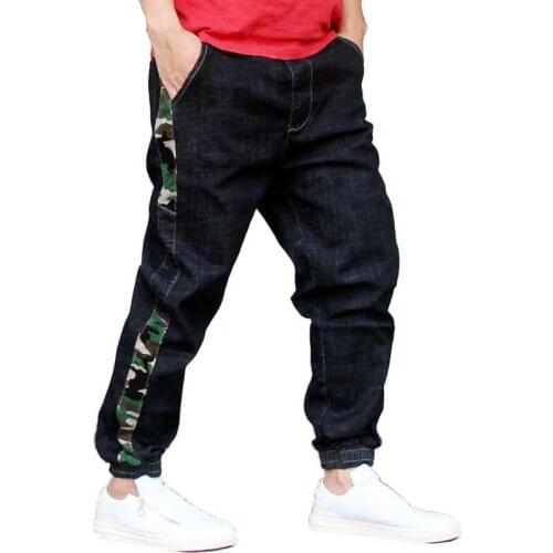 Stretched Harem Jeans Men Casual Joggers Loose Baggy Denim Pants Side Camo Stripe Patchwork Hip Hop Trousers Elastic Waist Pants