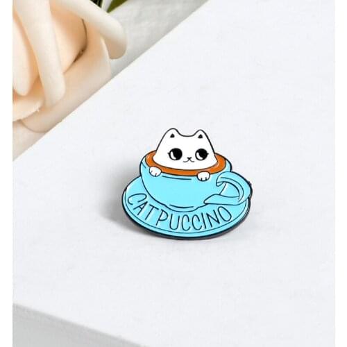 Cute clever Cat coffee Enamel pin cup brooch Clothes Cartoon cute animal Lapel Pin denim Badge Jewelry gift for friends kids
