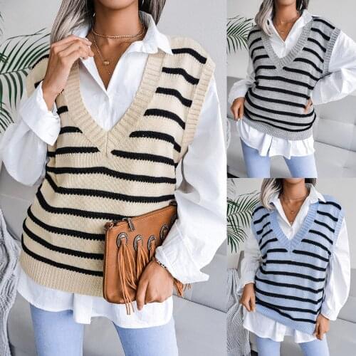 Striped Knit Oversized Sweater Vest Female England Preppy Style Jumpers V Neck Casual Loose 90s Knitwear Autumn Dropshipping