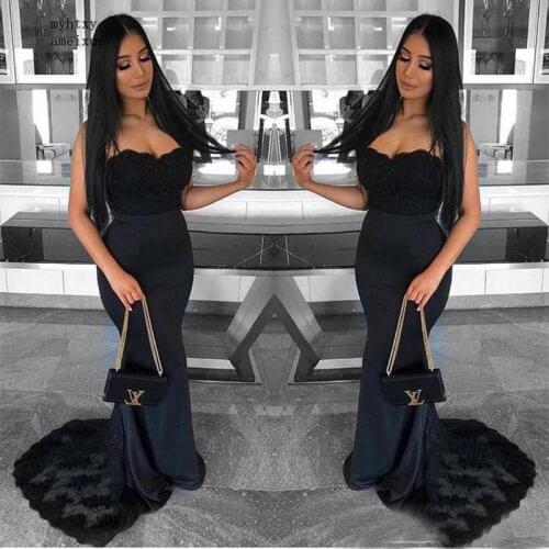 Custom Made Robe De Soiree Spaghetti Straps Evening Dresses Mermaid Style Black Satin Appliques Formal Party Dresses Sweep Train