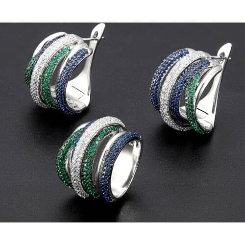 Zlxgirl jewelry brand Three Colorful pave cubic zircon wedding earring with ring jewelry sets fine Dubai Gold copper ring earing