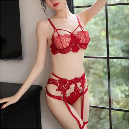 Women Erotic Lingerie Sexy Lace Embroidered Bra Panty Garter Set Deep V Tulle Perspective Temptation Ladies Underwear Cute Bra