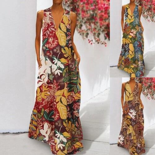 WomenS Dress Summer Beach Long Fashion V-Neck Sleeveless Small Fresh Printed Loose Casual Pocket Dress летнее женское 50