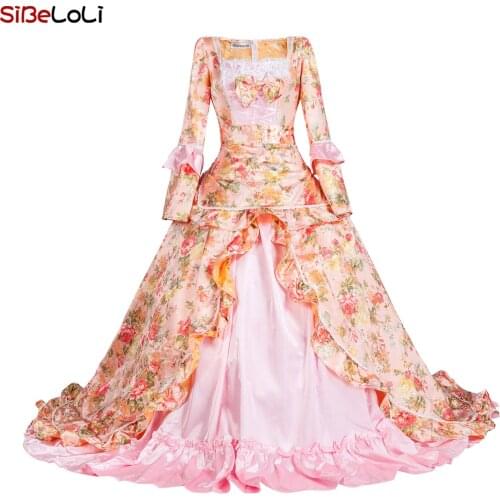 Gold Floral Printed Brocade Rococo Marie Antoinette Gown Renaissance Steampunk Gothic Victorian Historical Period Dress Costume