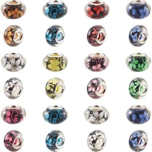 100pcs Mixed Color Rondelle Large Hole Flower Acrylic European Beads with Brass Cores for Jewelry Making 14x9mm
