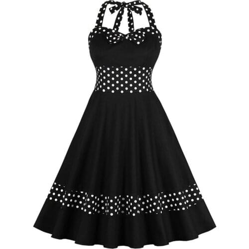 2019 Hot Sale Halter Dress Summer Women Sleeveless Dot Print Elegant Vintage Dresses Retro Rockabilly Prom Zipper Back Dress